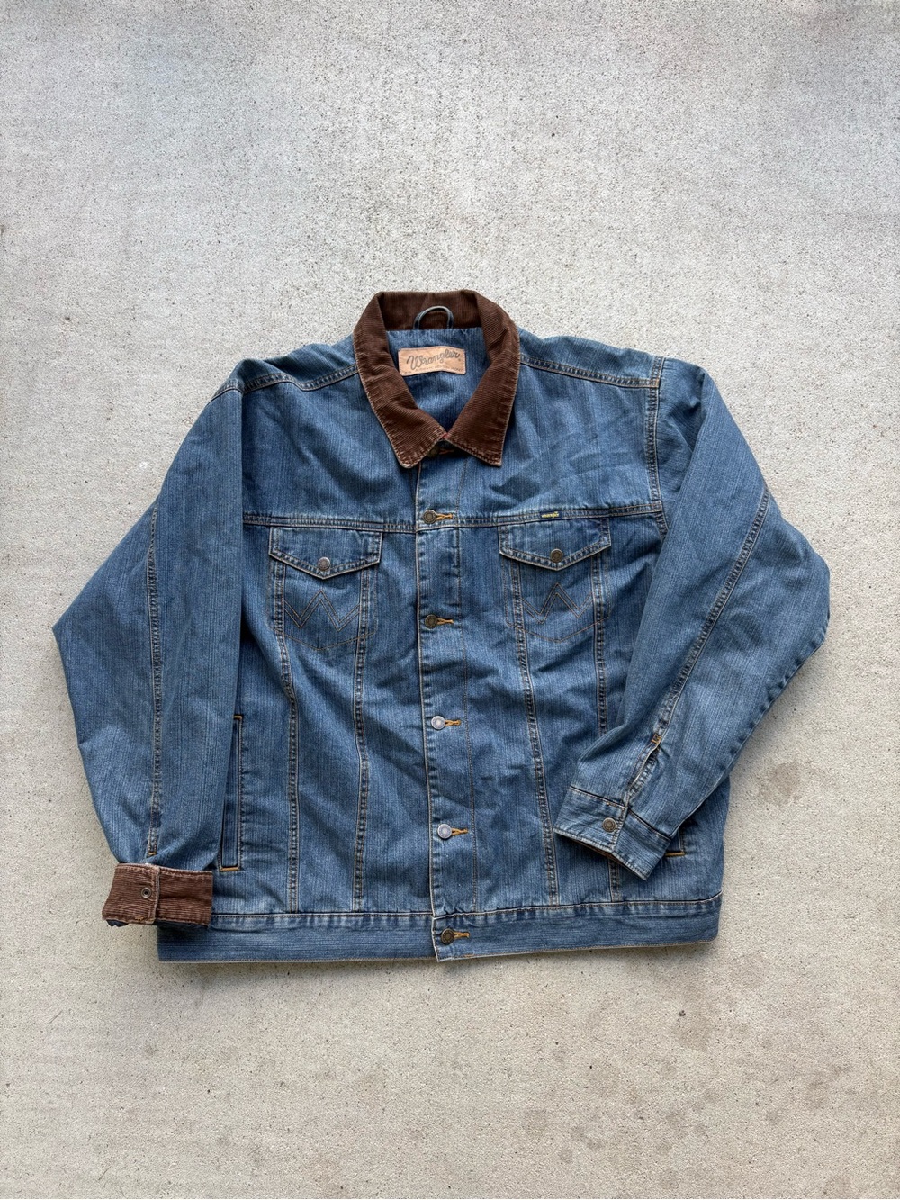 Wrangler Blanket Lined Denim Jacket Corduroy Collar Red Plaid Mens XL 28x29